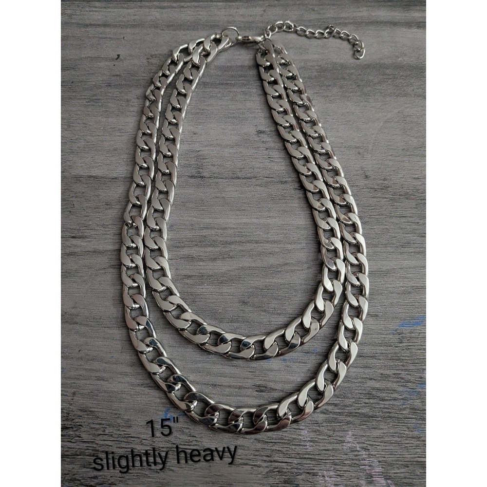 Silver Tone Double Strand Chunky Curb Chain Layered Necklace 15 Inch
